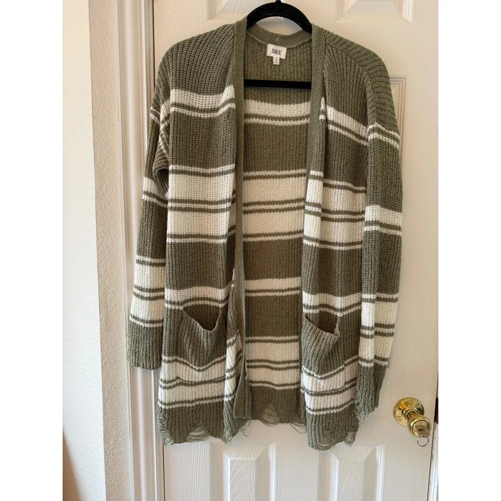 BKE Olive Striped Cardigan Distressed Hem Open Front‎ Boho Sweater Pockets S